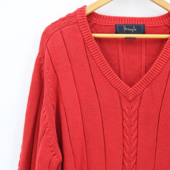 Vintage Pringle Sweater Mens Red Pullover Knit Crewneck Cotton Size XL 90s - Picture 3 of 9